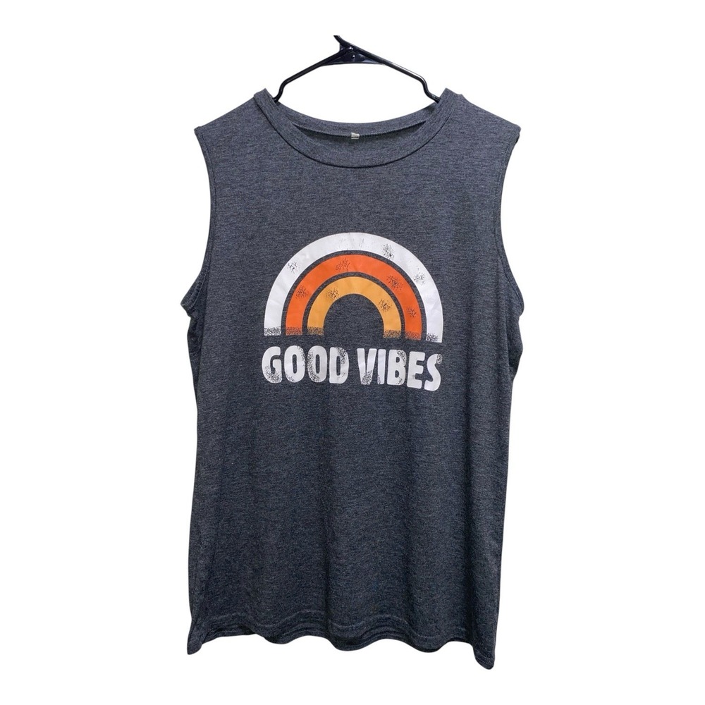 Good Vibes Rainbow Women's XL Gray Graphic Muscle Tank Top Sleeveless Boho Tee